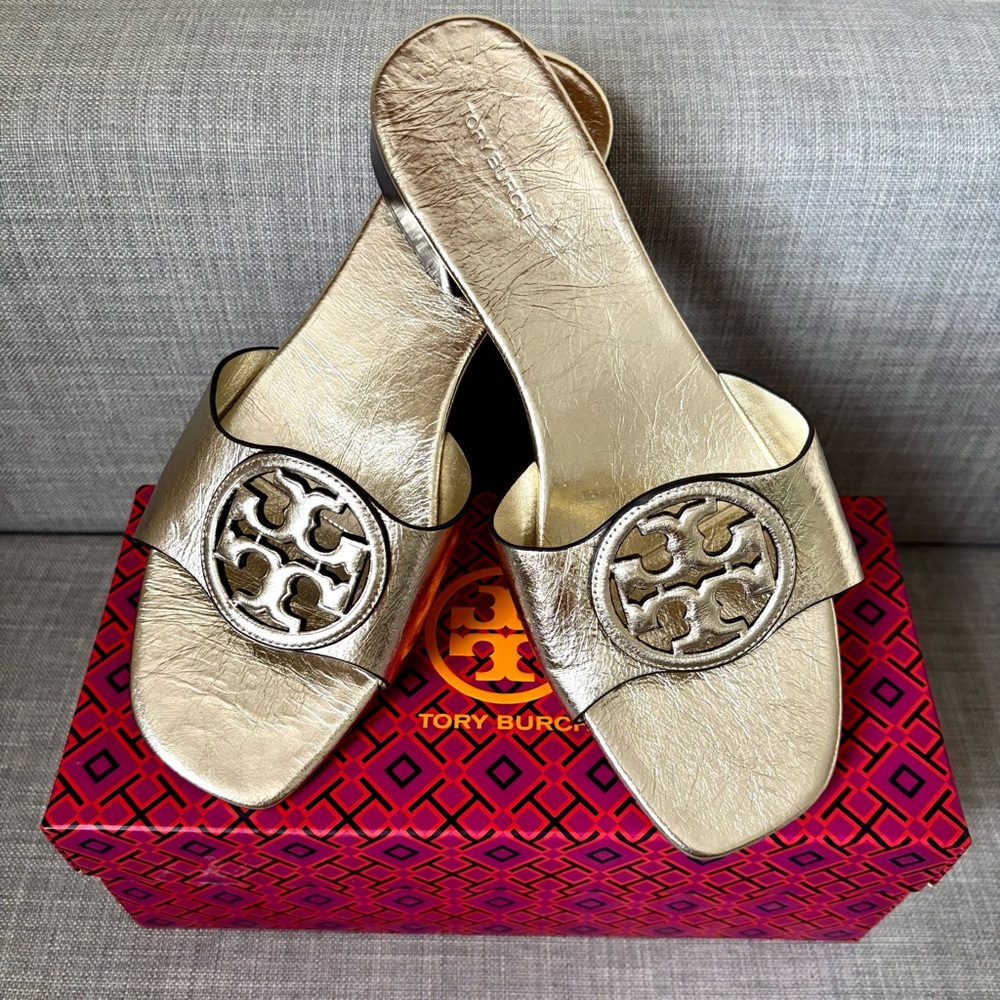 Tory Burch Bombe Miller Tibi Metal Gold Slide Sandals